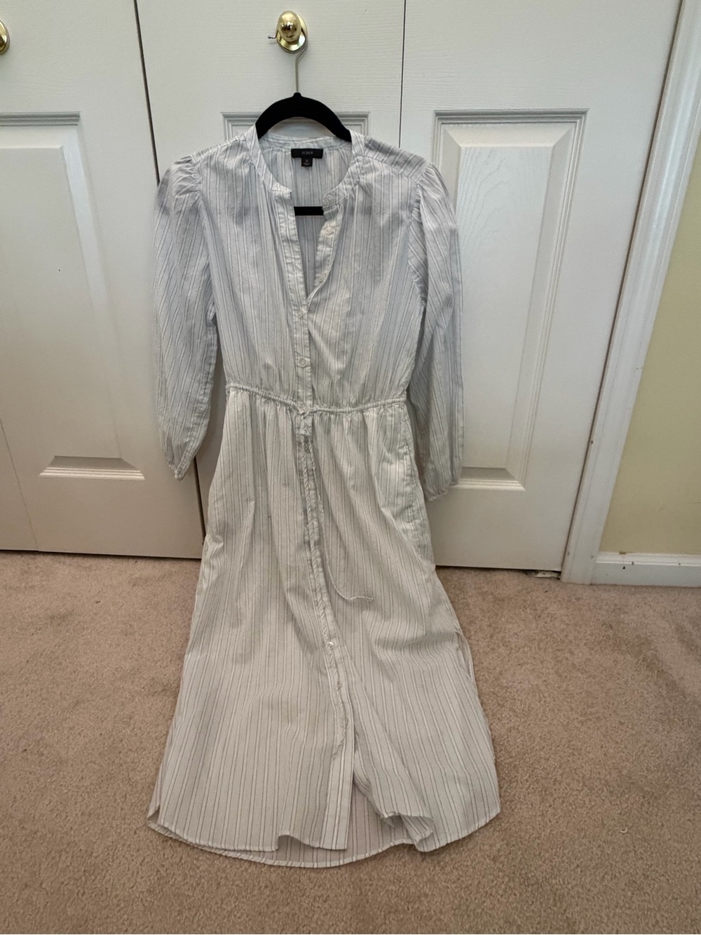 Light Gray Striped Button-Front Midi Dress